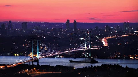 Istanbul Bosphorus Bridge on Sunset. HD, Timelapse Video. 
