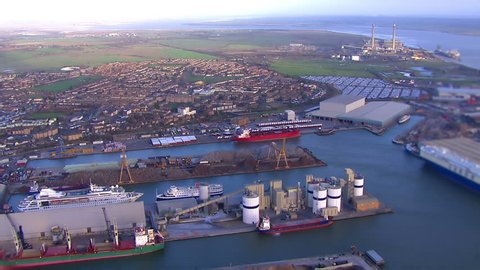 Aerial view of docks and industrial area on the outskirts of London, UK