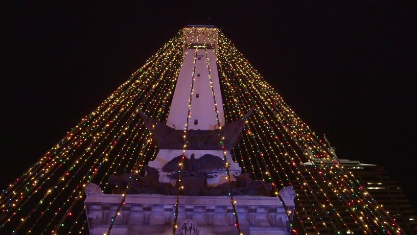 The Soldier and Sailor Monument in downtown Indianapolis, Indiana decorated as a giant Christmas Tree for the holiday season.
