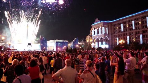 KIEV, UKRAINE, AUGUST 24, 2012: People watch fireworks after holiday concert on Independence Square dedicated to celebrating Independence Day in Kiev, Ukraine, August 24, 2012
