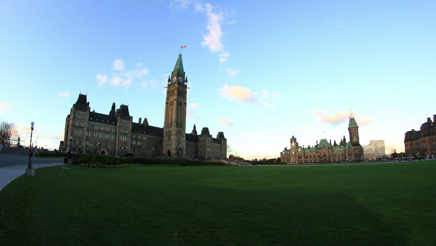 OTTAWA, CANADA - OCT 23 2013: Wide angle dusk time lapse shot of the Centre
