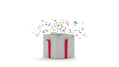 Animation of Opened Gift Box with Confetti inside. HQ Video Clip with Alpha Channel  