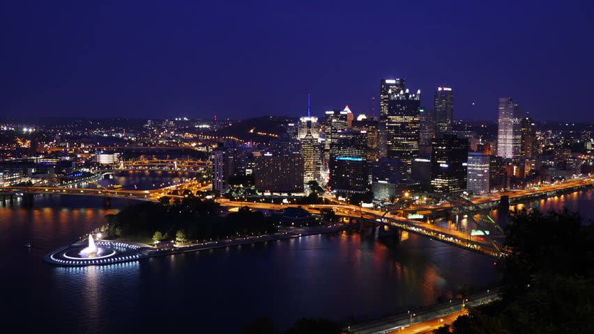 A dramatic dusk to night time lapse of the Pittsburgh skyline as seen from atop