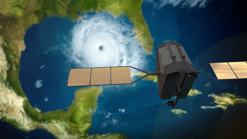 A weather satellite in orbit focuses on a hurricane.