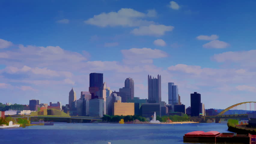 A stylized watercolor time lapse shot of the Pittsburgh city skyline as seen