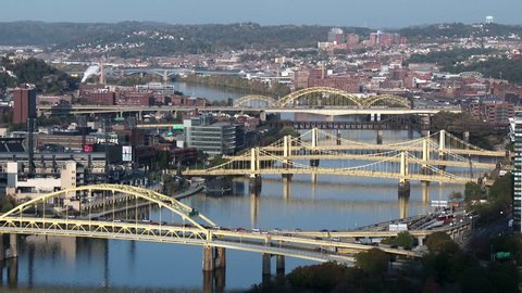 Bridges over the Allegheny River in Pittsburgh, Pennsylvania. In 4K UltraHD.