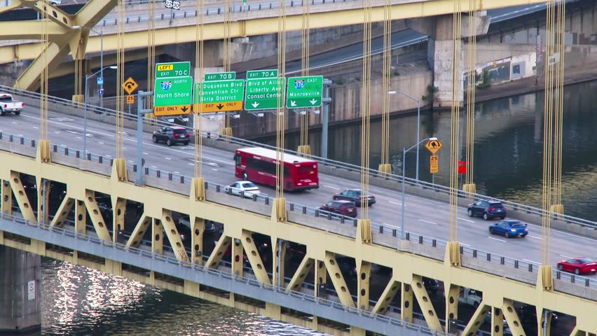 Traffic flows over the Fort Pitt Bridge in Pittsburgh, Pennsylvania. In 4K