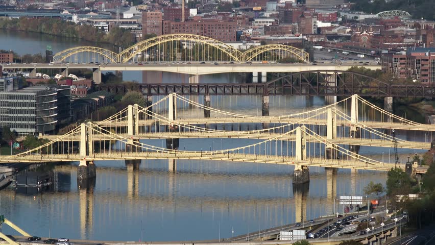 Bridges over the Allegheny River in Pittsburgh, Pennsylvania. In 4K UltraHD.
