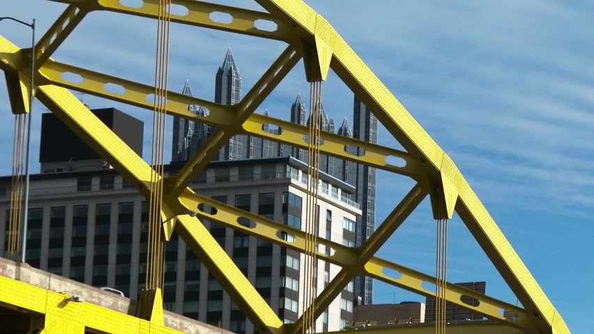 PITTSBURGH, PA - Circa November, 2013 - Zooming out to the Fort Duquesne Bridge in downtown Pittsburgh, Pennsylvania. In 4K UltraHD.