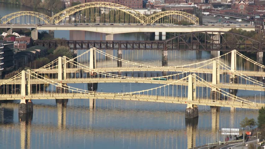 A zoom out from the Three Sister's Bridges to the Pittsburgh skyline. In 4K