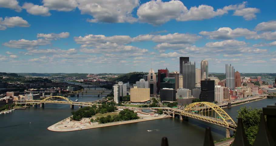 Dramatic time lapse shot of a summer day over Pittsburgh, PA. As seen from Mount