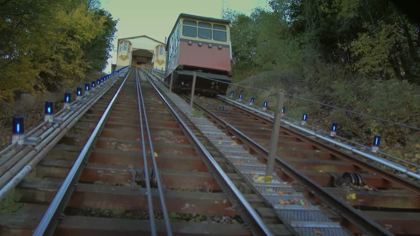Passenger's perspective of looking up the tracks of the Monongahela Incline. In