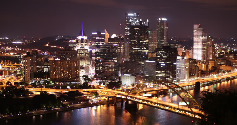 Dramatic nighttime time lapse shot of Pittsburgh, PA. As seen from Mount