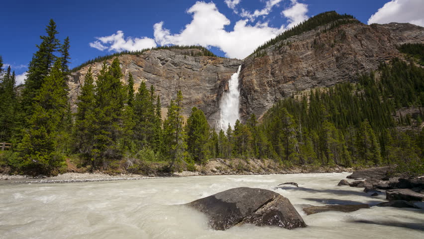 Yoho National Park, Takakkaw Falls draining into the Kicking Horse river, British Columbia, Canada, Time Lapse in Ultra HD, 4K.
