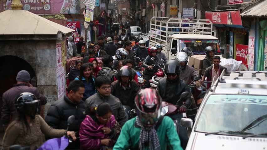 KATHMANDU, NEPAL - DEC 13: One of the busy streets in the city center, Dec 13,