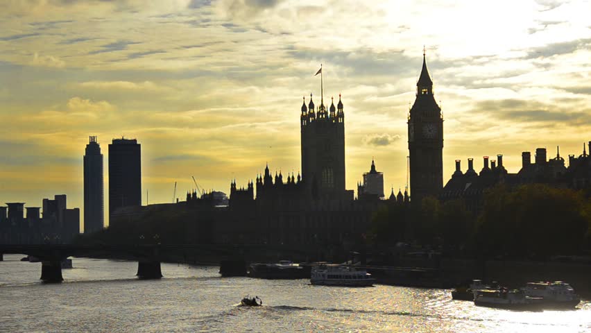 london UK, city scape silhouette of House of Parlament and Big Ben on river