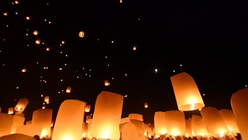 Loi Krathong Festival And Many Fire Lanterns Floating Of Chiang Mai Thailand