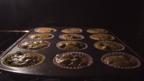 Blueberry Muffins Baking in Oven Time Lapse, Rising and Browning