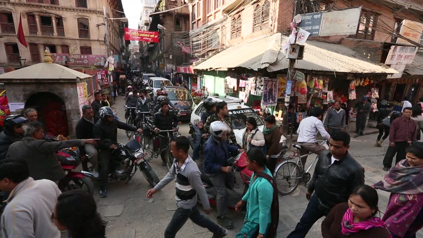 KATHMANDU, NEPAL - DEC 1 2013: Traffic jam in one of a busy street in the city
