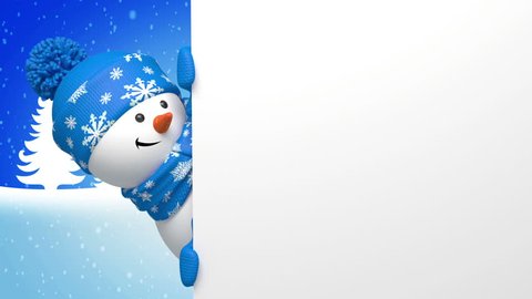 Christmas animated greeting card with funny snowman looks out the corner, holds blank banner mockup. 3d cartoon character and winter landscape on blue background. Animation with alpha channel mask