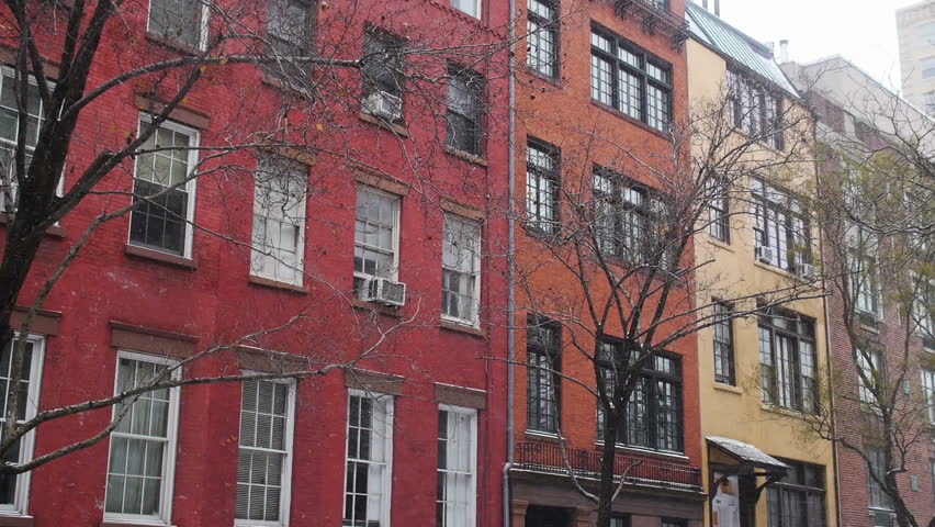 A typical winter scene New York City apartment building establishing shot.