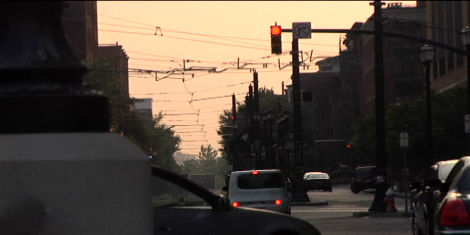 sunset street scene in New Jersey city 