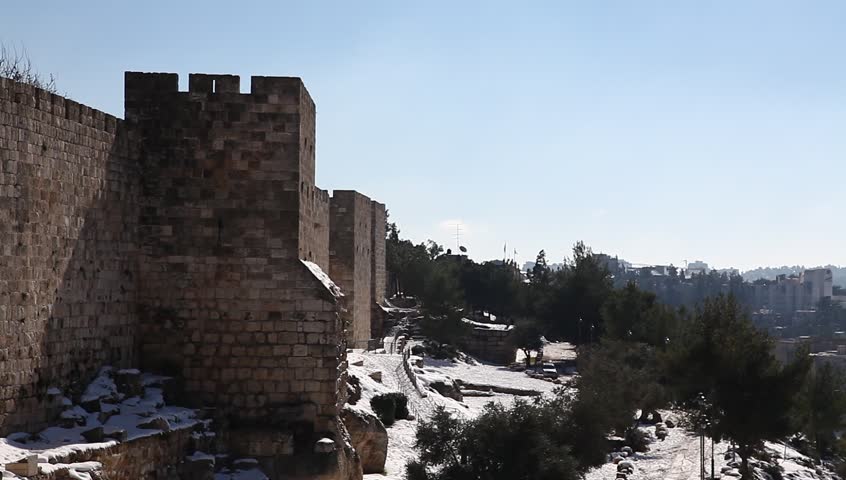 Snow on the walls of Old City Jerusalem, Israel