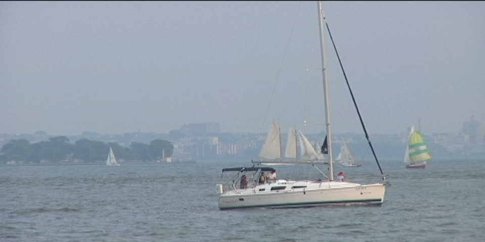 A hazy day for sailing on the Hudson River.