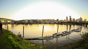 Portland cityscape panning time lapse during sunset with boat traffic.