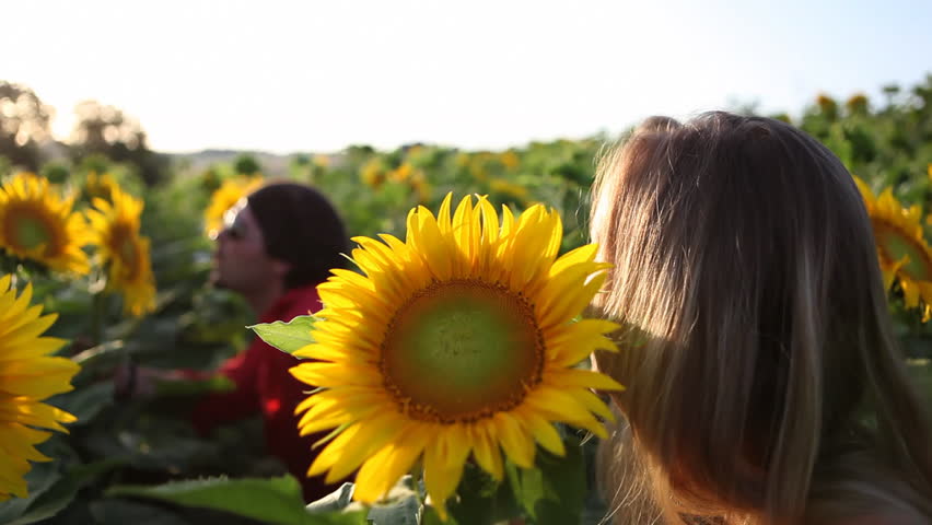 Two friends playing and singing with sunflowers
