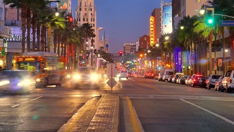 Night traffic on Hollywood Boulevard in Los Angeles. Timelapse.