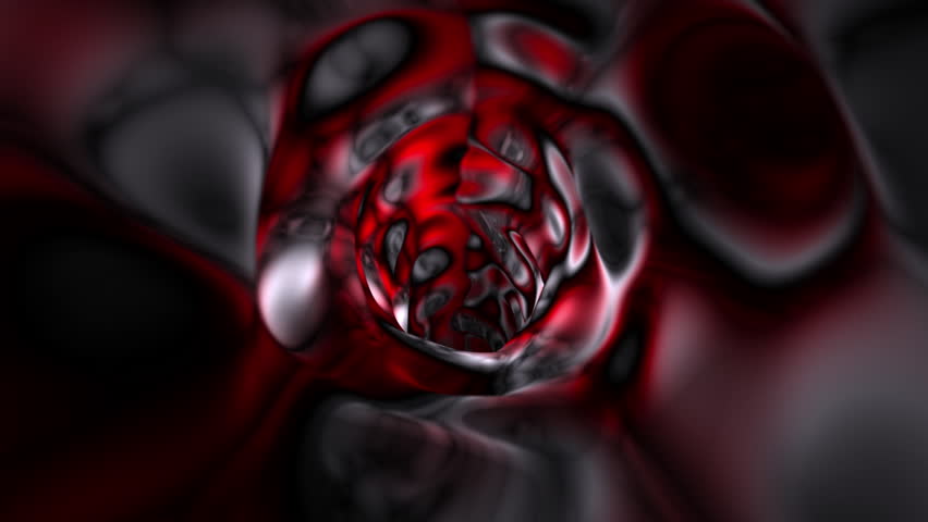 Looping clip of flying through a spinning silver-red tunnel. Animation created