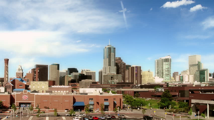 Wide shot of the downtown Denver Colorado skyline, with Auraria Campus in 