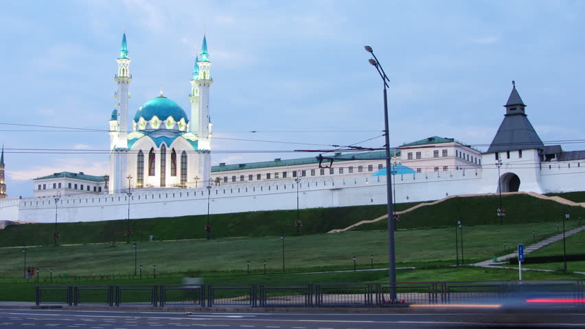 kazan kremlin and kul sharif mosque in russia at evening - timelapse 4k