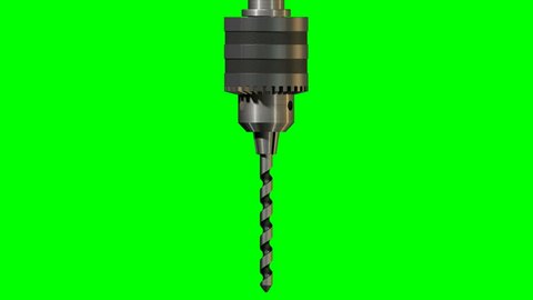 A front view animation of a spinning metal drill chuck with a spiral drill bit attached to it on an on a green screen background