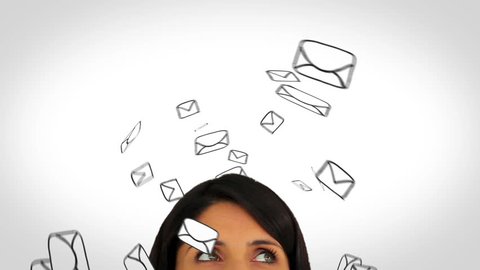 Animation of envelopes circling a womans head on white background