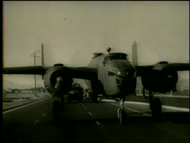 Replica of the North American B-25 Mitchell heads on wheels for a reunion of Tokyo Doolittle Raiders, Las Vegas, circa April, 1958 - MGM PICTURES, UNIVERSAL-INTERNATIONAL NEWSREEL, USA, filmed in 1958