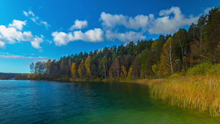 Autumn forest and lake, 4K timelapse panorama