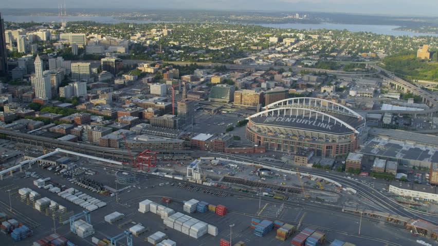 Seattle - July 2013: Aerial view Safeco Field, CenturyLink Baseball Stadium downtown Seattle Container Port, Pacific Northwest, Washington State, USA