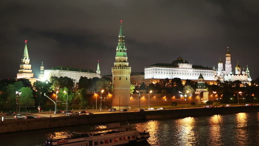 Moscow Kremlin and river at night - Russia