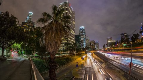 City traffic hyperlapse in downtown Los Angeles at night.