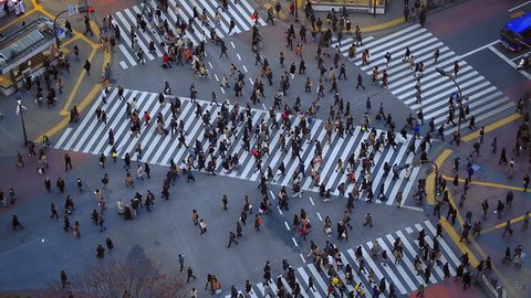 City pedestrian traffic of people crossing the famous Shibuya intersection in Tokyo.