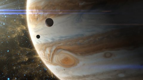 Two moons pass in front of Jupiter, with it’s swirling storms and changing atmosphere. Includes lens flare, nebulas in the background. Texture maps and space images courtesy of NASA (www.nasa.gov) Stock Video