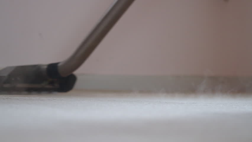 Detail shot of a carpet being steam cleaned with a professional steam wand,