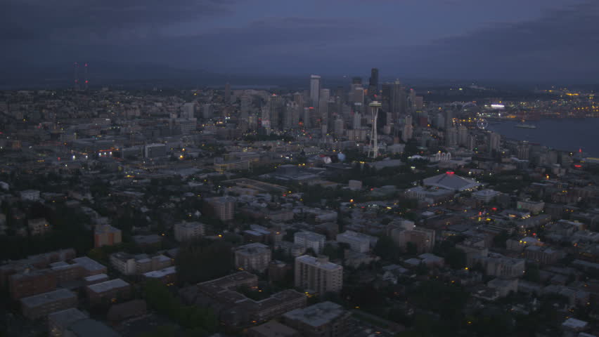 Seattle - July 2013: Aerial dusk view Seattle Space Needle Downtown skyscrapers Kerry Park, Pacific Northwest, USA, RED EPIC, 4K, UHD, Ultra HD resolution