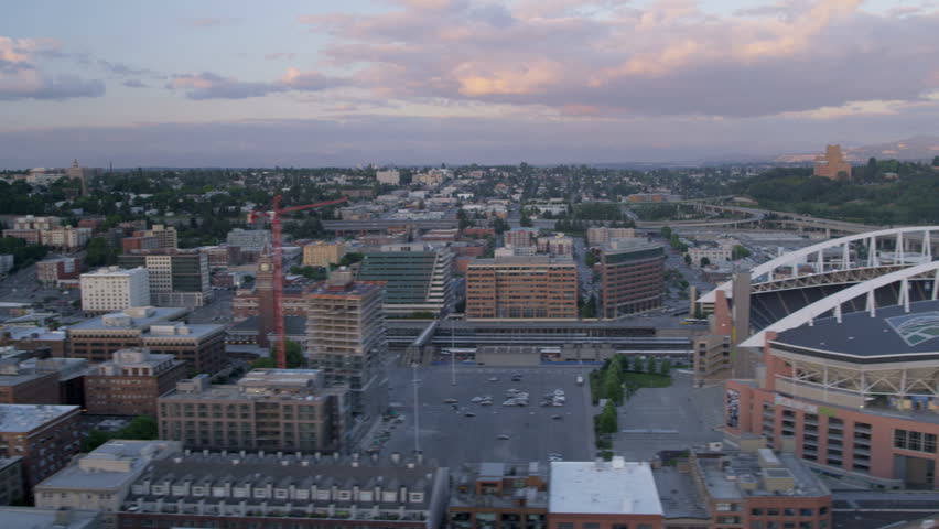 Seattle - July 2013: Aerial sunset view CenturyLink Field Baseball Stadium home to Seattle Seahawks, Pacific Northwest, Washington State, USA, RED EPIC, 4K, UHD, Ultra HD resolution