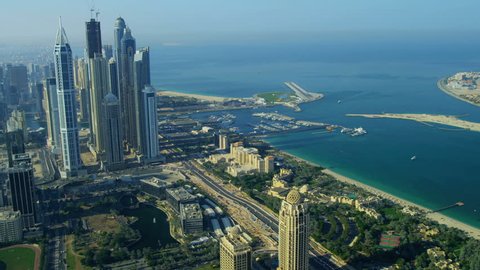 Aerial view Dubai city coastline, Media city skyscrapers, Dubai, UAE, RED EPIC, 4K, UHD, Ultra HD resolution Stock Video