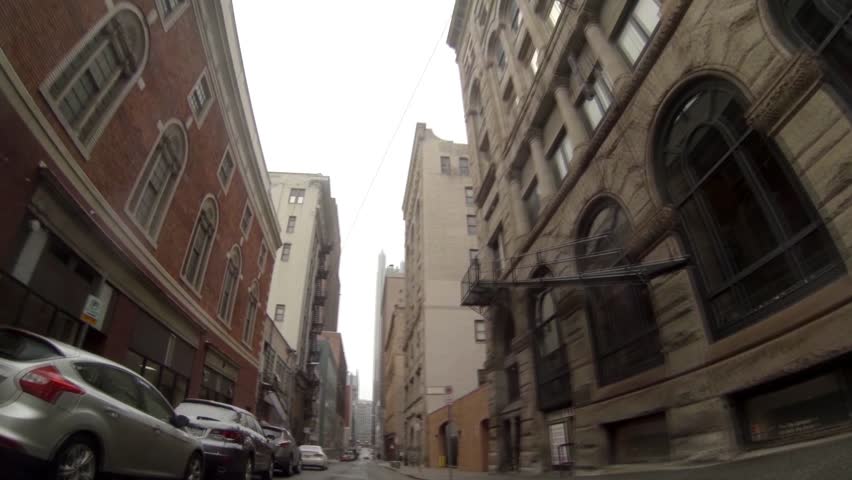 Driver's perspective of driving in downtown Pittsburgh, PA in the winter.