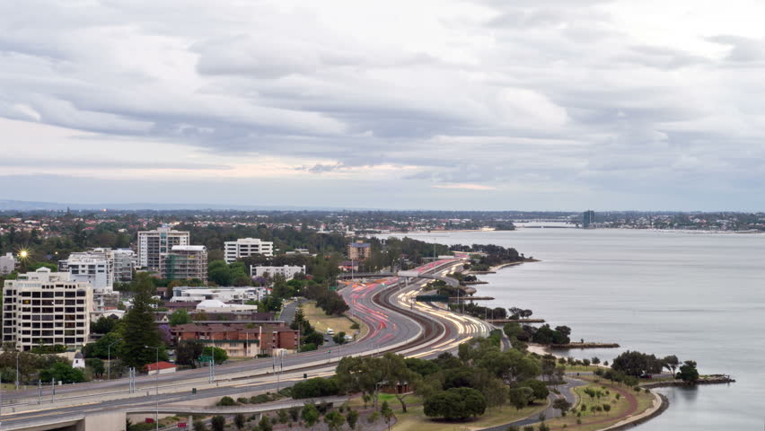 Time lapse of the Swan River and Kwinana Freeway in Perth, Australia, from dusk