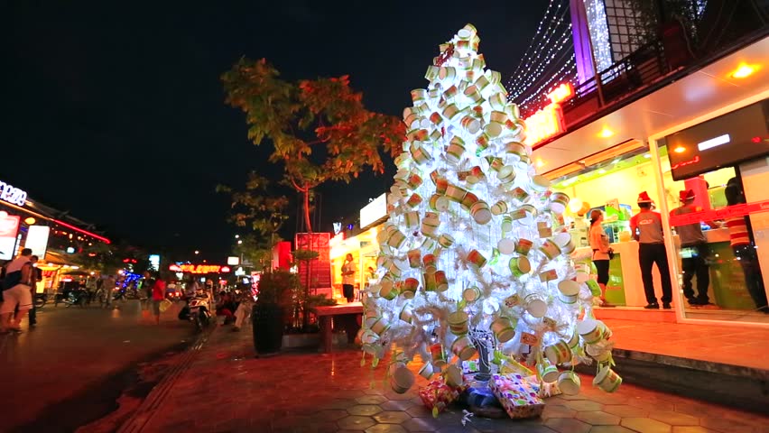 SIEM REAP, CAMBODIA - CIRCA DECEMBER: Christmas tree at Pub Street, main